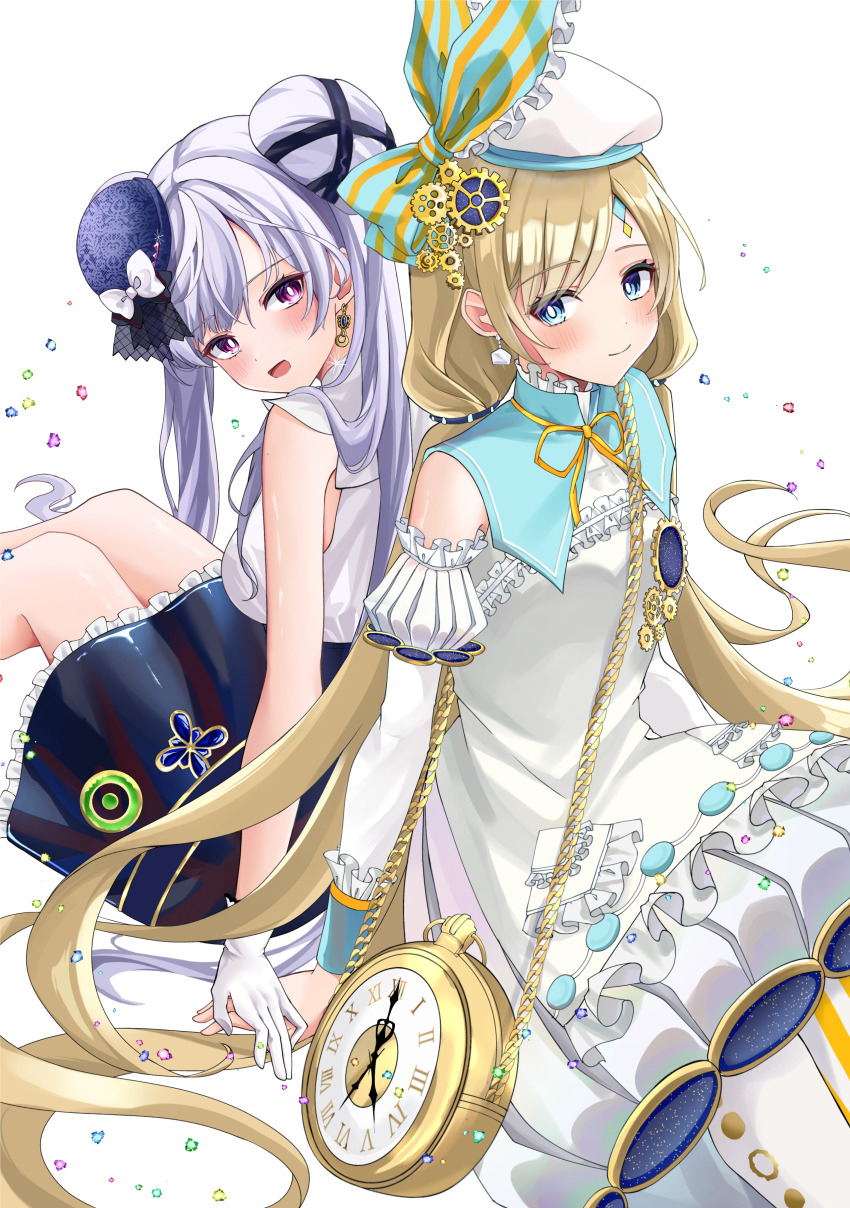 2girls, absurdres, acid_(maimai), back-to-back, bare_shoulders, blonde_hair, blue_eyes, blush