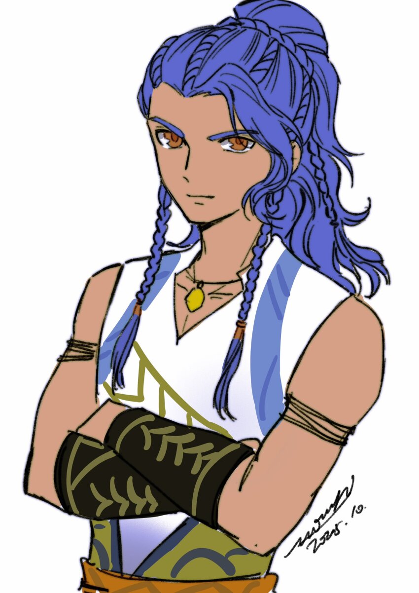 1boy, armband, artist_name, bare_shoulders, black_bracer, blue_hair, bokujou_monogatari, braid