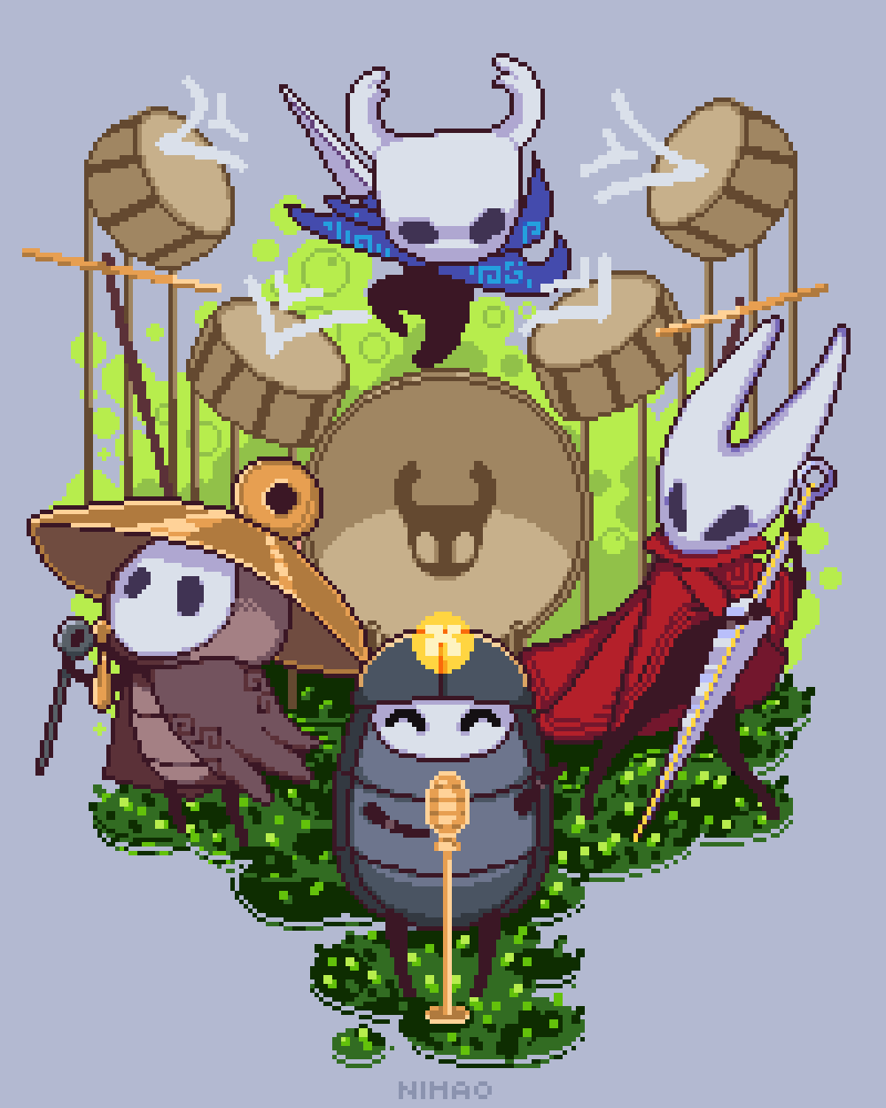 1boy, 1other, 2girls, ^_^, arthropod_boy, arthropod_girl, black_eyes, closed_eyes, commentary, drum, english_commentary, grey_background, hat, highres, hollow_eyes, hollow_knight, hollow_knight:_silksong, hornet_(hollow_knight), horns, instrument, knight_(hollow_knight), microphone_stand, multiple_girls, music, myla_(hollow_knight), nail_(hollow_knight), needle_(hollow_knight), needolin_(hollow_knight), nihaopixelart, pixel_art, sherma_(hollow_knight), standing