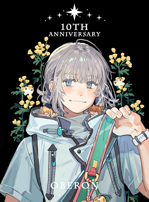 1boy, anniversary, artoria_caster_(fate), artoria_pendragon_(fate), bag, black_background, blue_eyes, character_doll, character_name, charm_(object), closed_mouth, doll, english_text, fate/grand_order, fate_(series), flower, fujimaru_ritsuka_(female), grey_hair, grey_shirt, hair_bun, hand_up, holding, holding_bag, hood, hooded_jacket, jacket, light_blush, looking_at_viewer, male_focus, oberon_(fate), oberon_(over_the_same_sky)_(fate), shirt, short_hair, short_sleeves, shoulder_bag, simple_background, smile, solo, star_(symbol), starshadowmagician, upper_body, watch, white_jacket, wristwatch, yellow_flower