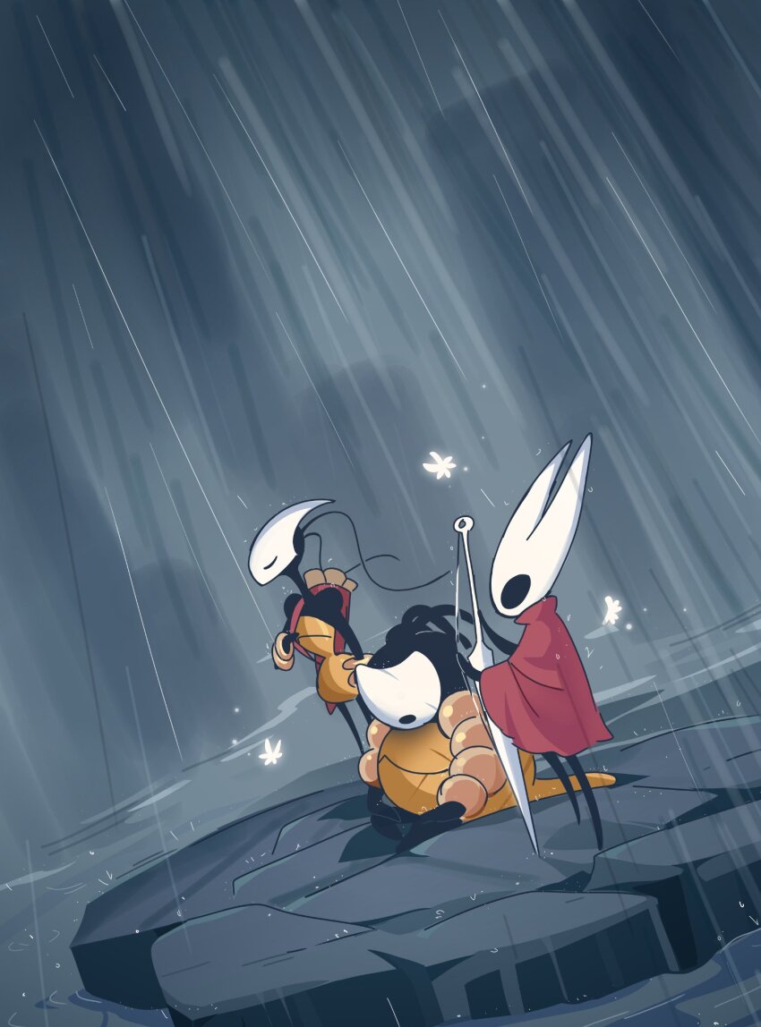 3girls, armlet, bag, chakram, cloak, corpse, highres, hollow_knight, hollow_knight:_silksong, hornet_(hollow_knight), instrument, jewelry, map, mask, multiple_girls, music, necklace, playing_instrument, rain, red_cloak, scroll, shakra_(hollow_knight), shoulder_bag, spoilers, starowarblern, violin, water, weapon