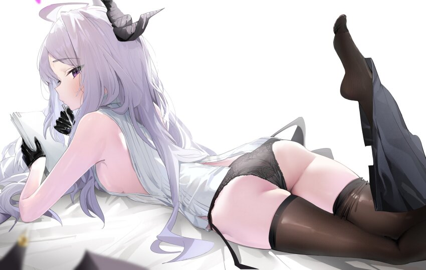 1girl, ahoge, ass, bare_arms, black_gloves, black_horns, black_panties, black_skirt