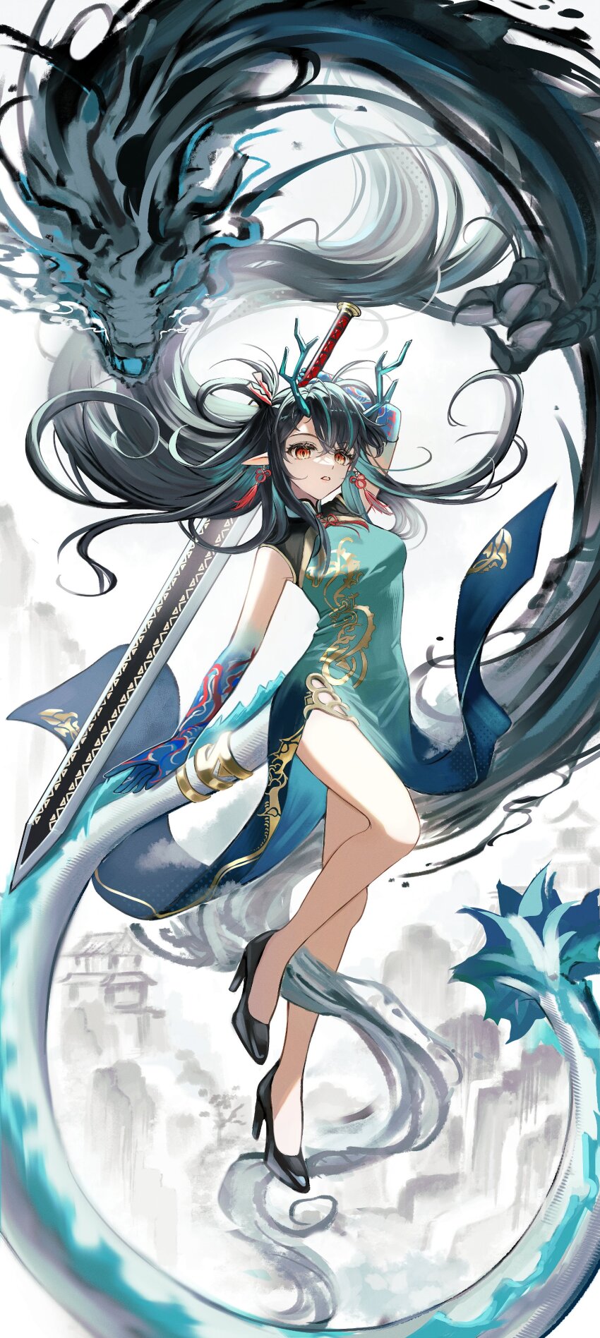 1girl, absurdres, arknights, black_hair, china_dress, chinese_clothes, colored_skin, dragon_girl