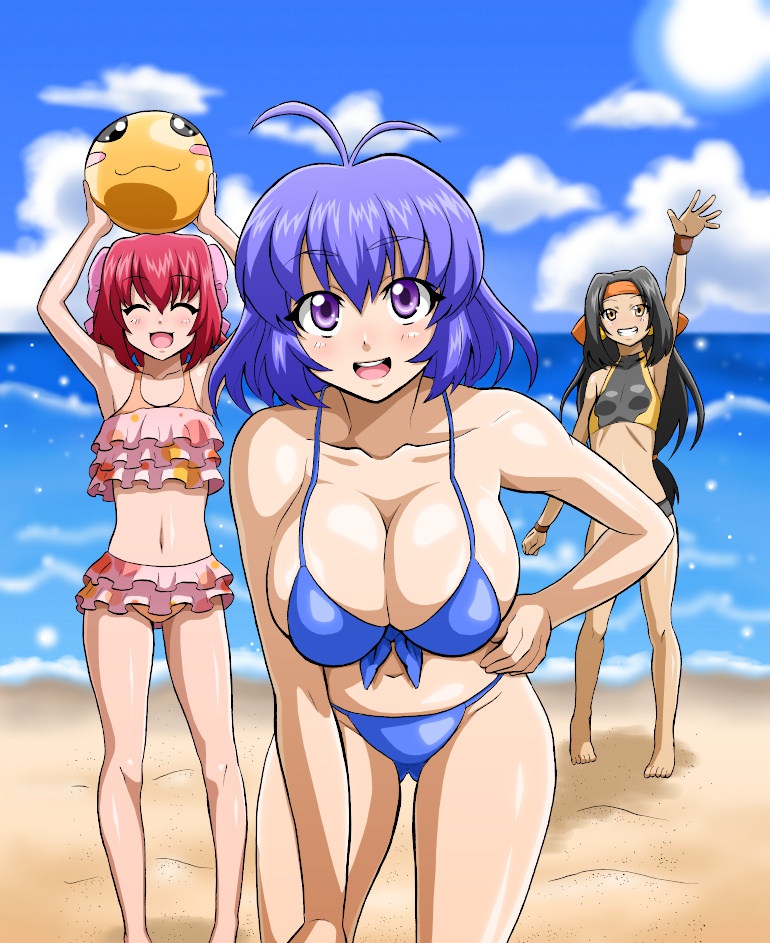 1990s_(style), 3girls, ^_^, akihabara_dennou_gumi, antenna_hair, ball, barefoot, beach, beachball, bikini, black_hair, blue_bikini, blue_hair, bow, breasts, cleavage, closed_eyes, densuke_(akihabara_dennou_gumi), feet, frilled_bikini, frills, grin, hair_bow, hanakoganei_hibari, hand_on_own_hip, higashijuujou_tsugumi, hokuto_(tokuho), large_breasts, leaning_forward, long_hair, multiple_girls, ocean, purple_eyes, red_hair, retro_artstyle, ruffle_bikini, sakurajousui_suzume, short_hair, smile, swimsuit