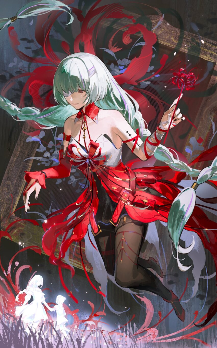 3girls, bandage_over_one_eye, bandaged_arm, bandages, bare_shoulders, black_nails, black_pantyhose, black_skirt