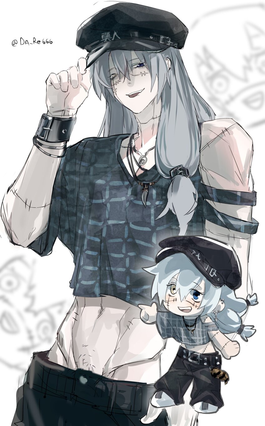 absurdres, alternate_costume, black_hair, black_pants, blue_eyes, crop_top, da_re666, groin