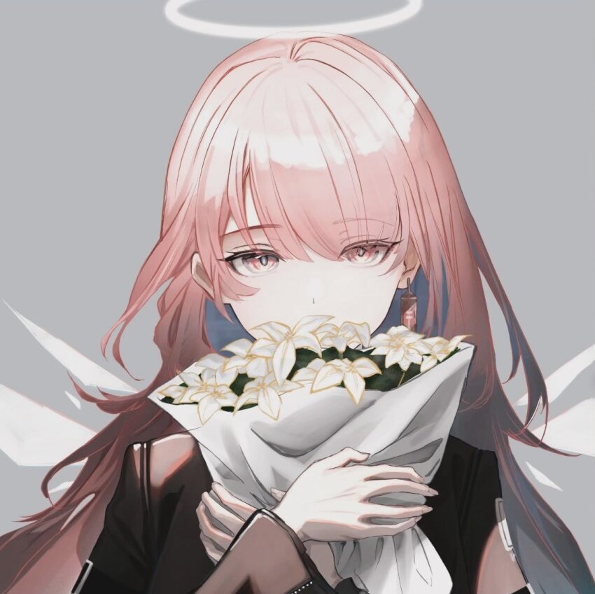 amamiya_(1201hlx), arknights, black_jacket, bouquet, earrings, energy_wings, flower, grey_background