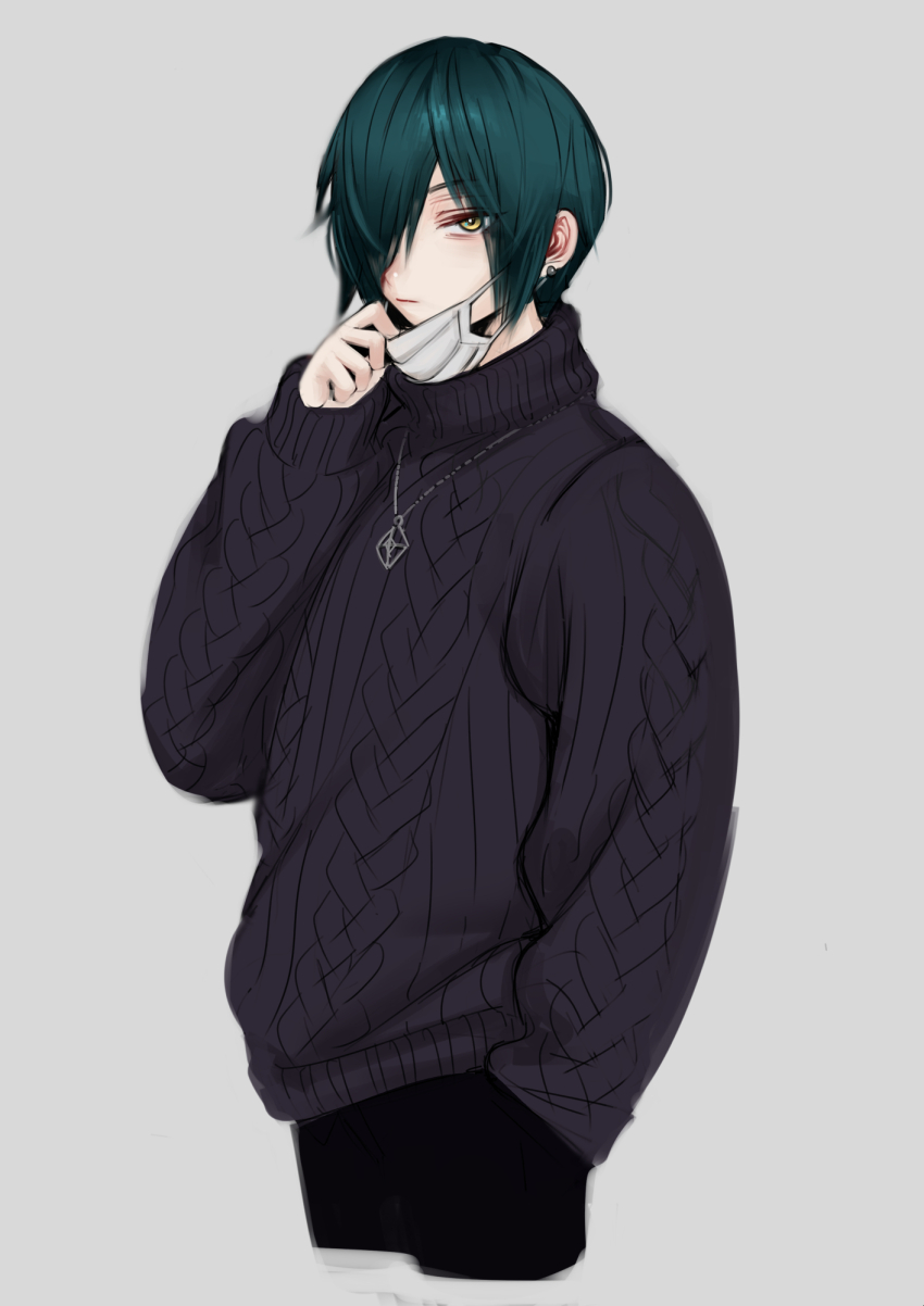 1boy, 2n5, ;i, androgynous, aqua_hair, black_sweater, cable_knit, closed_mouth, cropped_legs, earrings, grey_background, hair_over_one_eye, hand_in_pocket, highres, iriya-kun, jewelry, looking_at_viewer, male_focus, mask, mask_pull, mouth_mask, one_eye_closed, original, pale_skin, pendant, scene_cut, short_hair, single_earring, solo, sweater, yellow_eyes