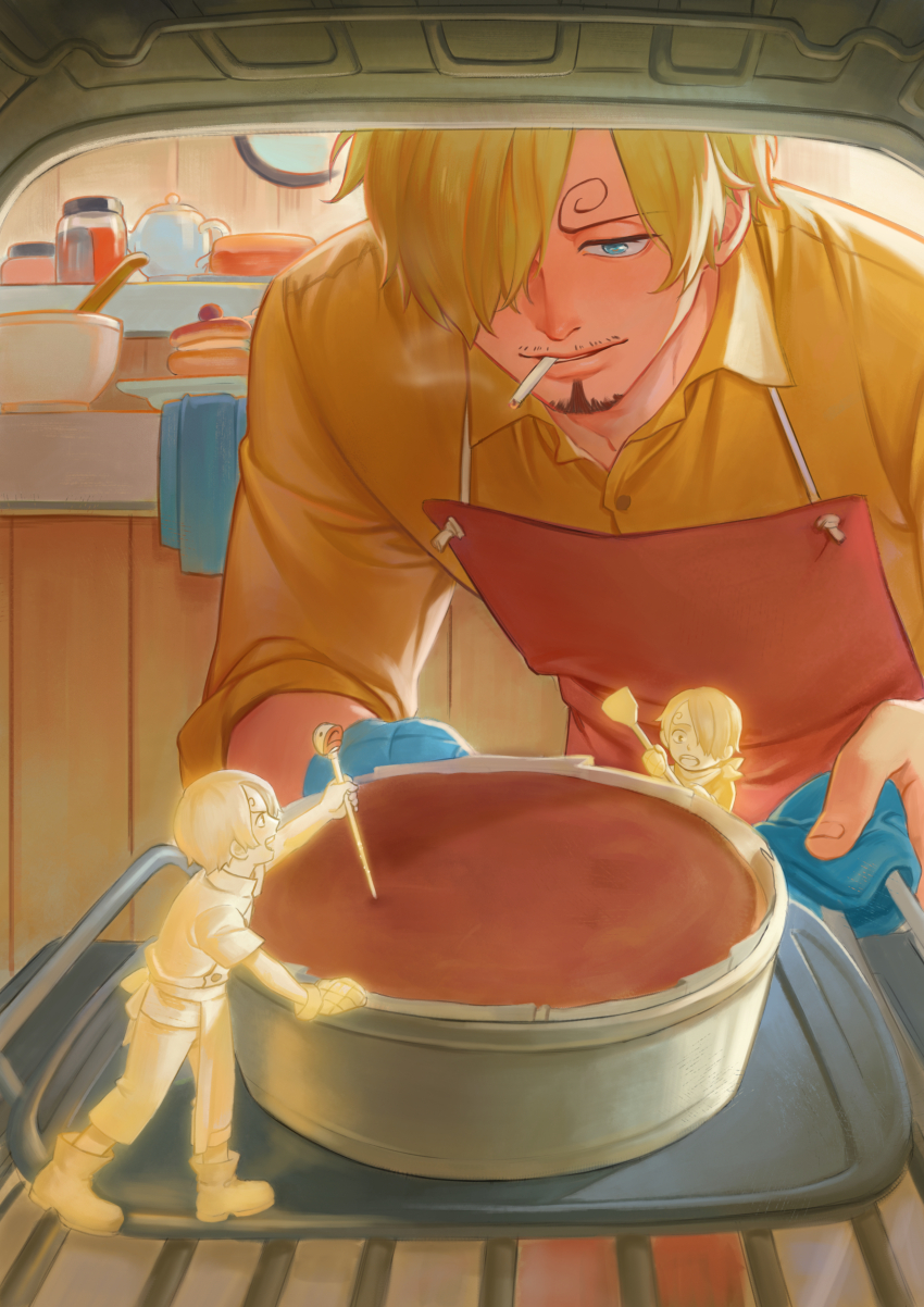 3boys, absurdres, apron, blonde_hair, blue_eyes, clone, collared_shirt, commentary