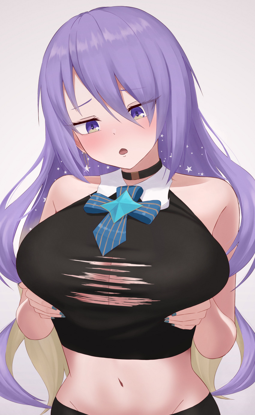 1girl, :o, absurdres, black_choker, blonde_hair, blue_nails, breast_focus, breasts