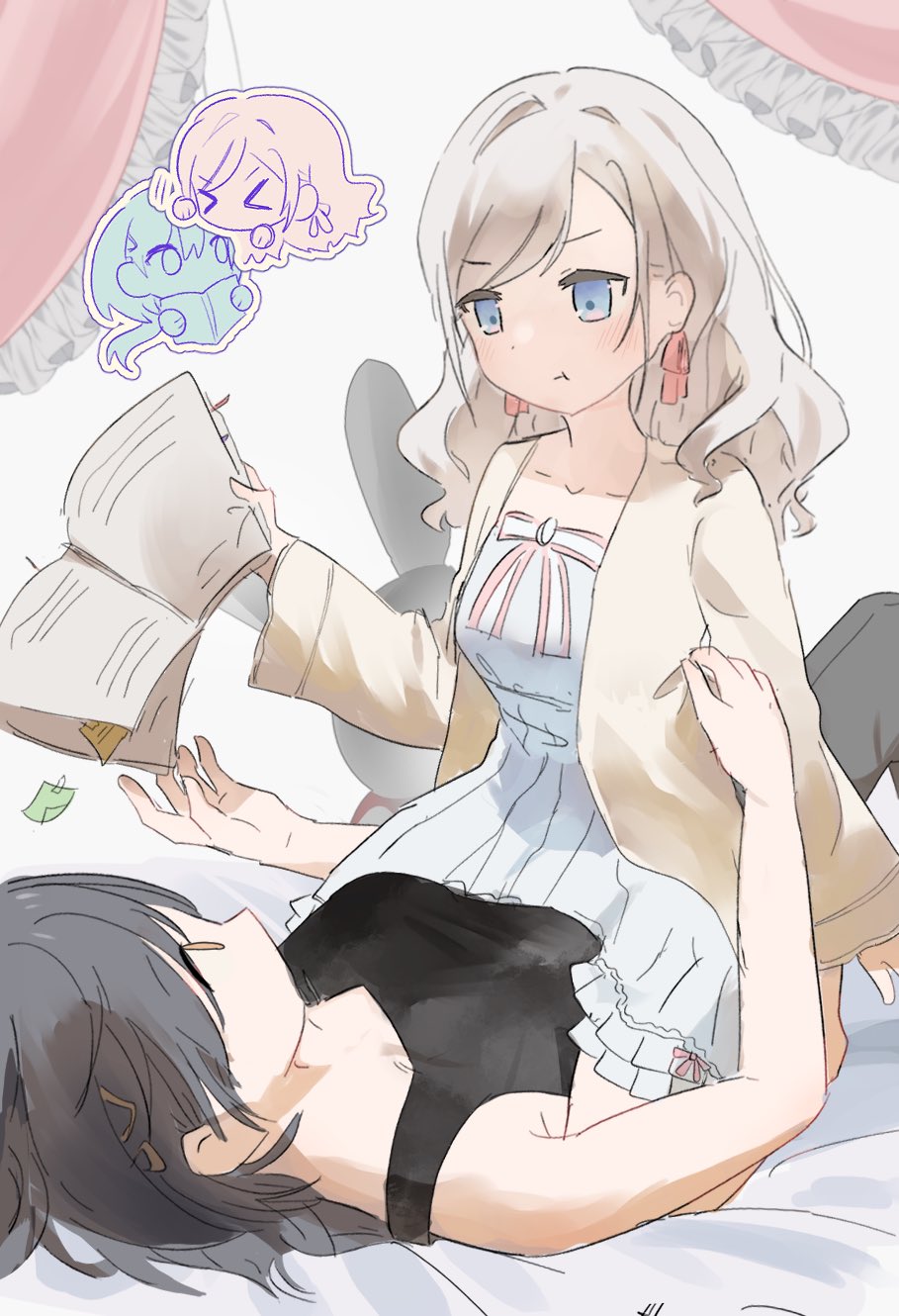 >_<, 2girls, :t, black_hair, black_tank_top, blue_eyes, breasts, ceras_yanagida_lilienfeld