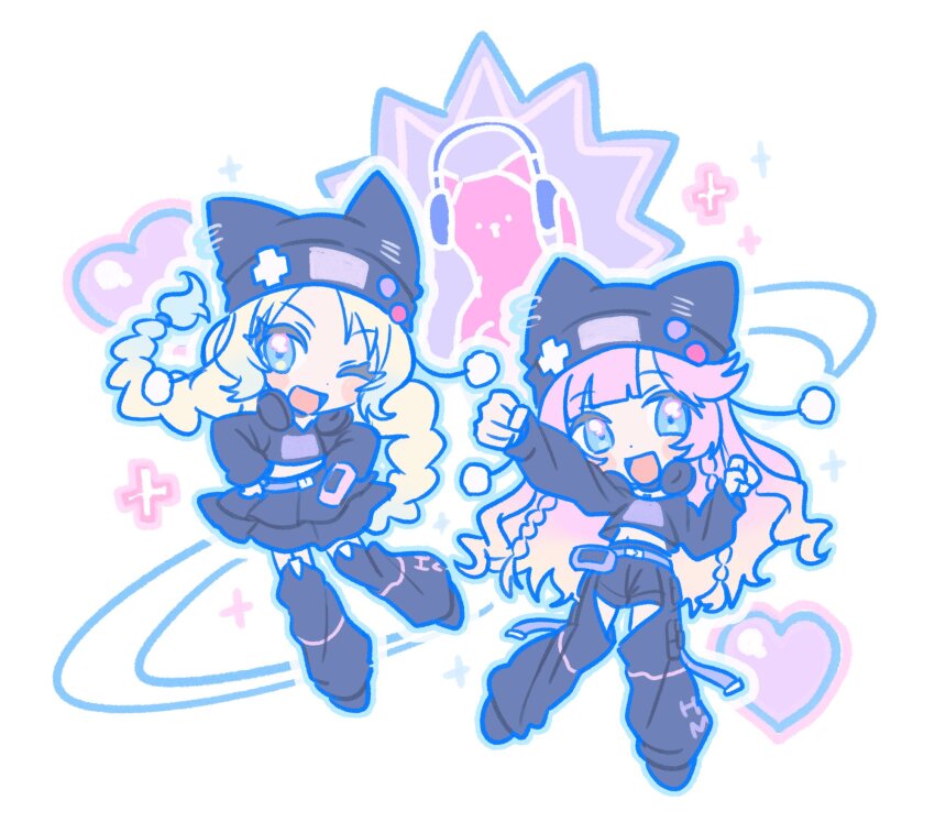 ._., 2girls, :d, ;d, animal_hat, anyoji_hime, arms_up, beanie, black_hat, black_leg_warmers, black_shirt, black_shorts, black_skirt, blonde_hair, blue_eyes, blue_hair, braid, cat, cat_hat, commentary, crotchless, crotchless_pants, deformed, frilled_skirt, frills, gradient_hair, hat, headphones, highres, implied_extra_ears, leg_warmers, link!_like!_love_live!, looking_at_viewer, love_live!, low_twin_braids, miniskirt, mira-cra_park!, multicolored_hair, multiple_girls, nyao_signyal, nyao_signyal_cat, official_alternate_costume, one_eye_closed, open_mouth, osawa_rurino, pants, pink_cat, pink_hair, raised_fist, shirt, short_shorts, shorts, skirt, smile, techimi, twin_braids, virtual_youtuber, white_background