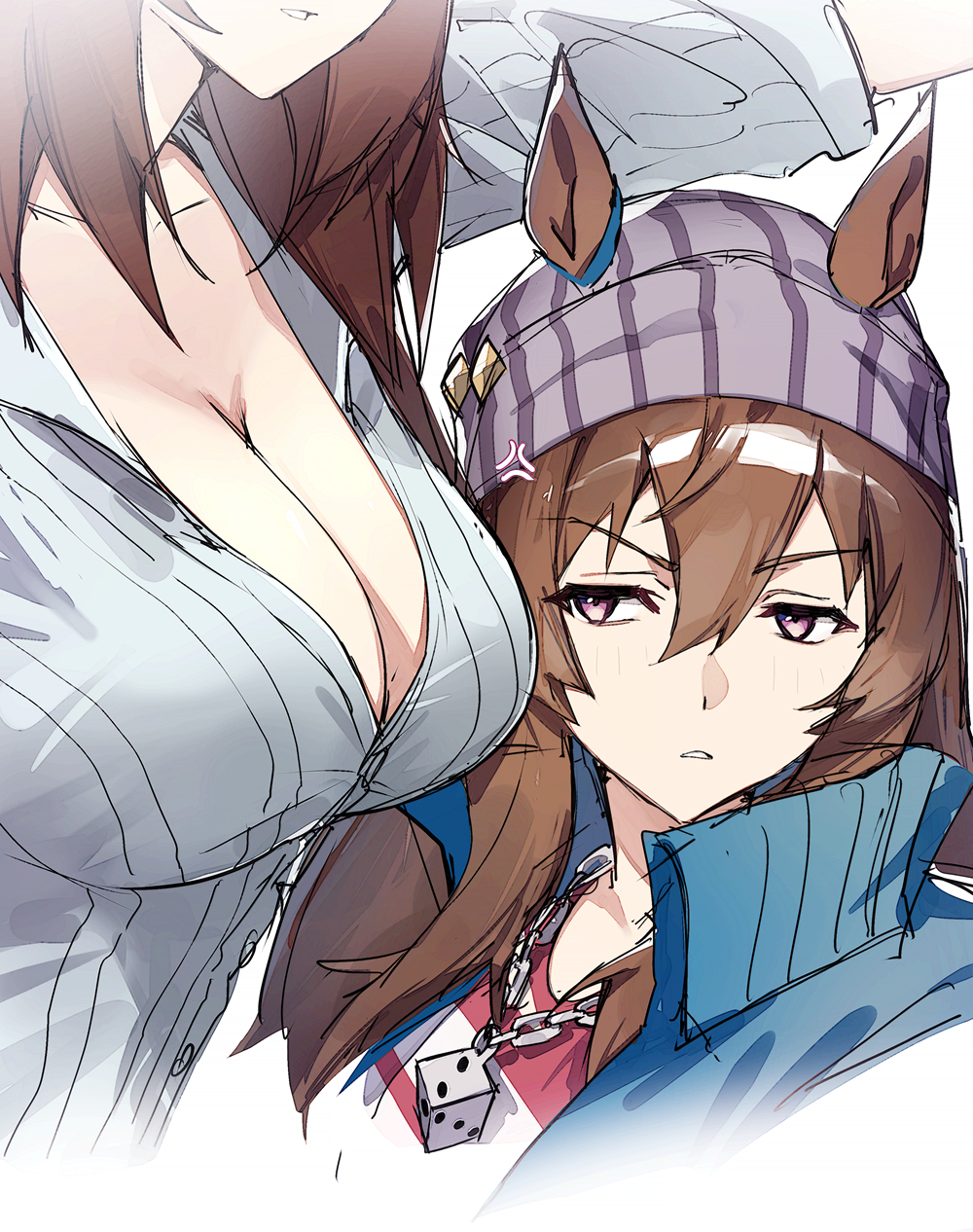 2girls, beanie, breast_envy, breasts, brown_hair, cleavage, dice, dice_necklace