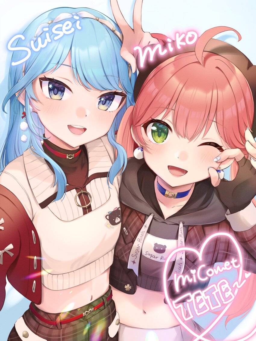 2girls, absurdres, blue_eyes, blue_hair, blush, cheek_pinching, green_eyes, hand_on_another's_cheek