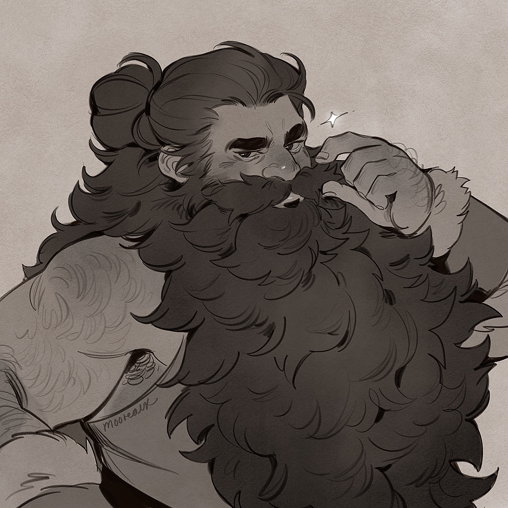 1boy, armpit_hair, armpit_hair_peek, bara, beard, beard_over_mouth, dungeon_meshi, dwarf