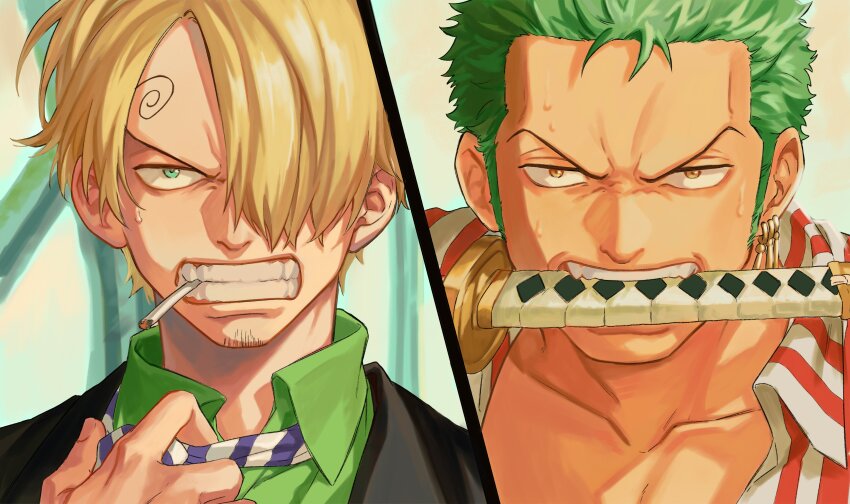 2boys, absurdres, blonde_hair, cigarette, collarbone, collared_shirt, commentary, curly_eyebrows