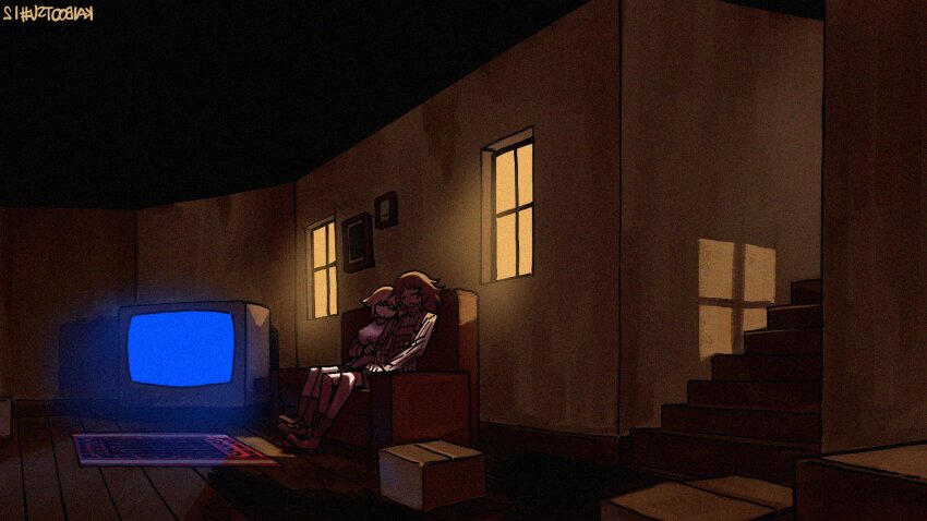 2girls, artist_name, blonde_hair, box, brown_hair, cardboard_box, closed_eyes, closed_mouth