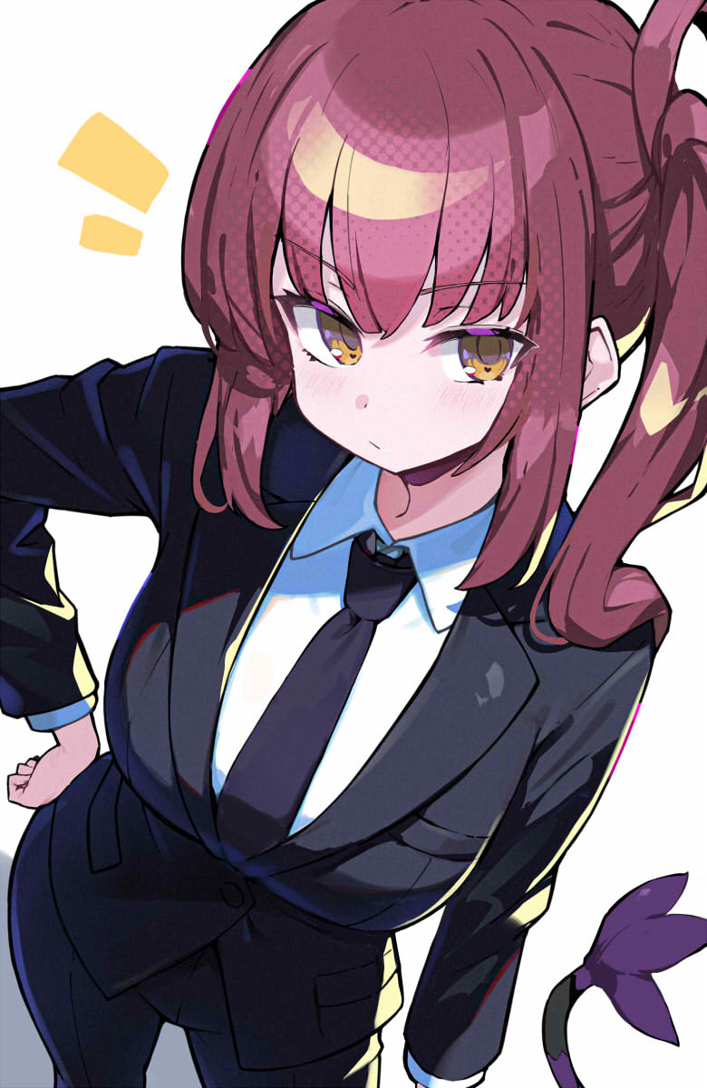 1girl, black_jacket, black_necktie, black_pants, black_suit, blacktailmon, breasts, brown_eyes