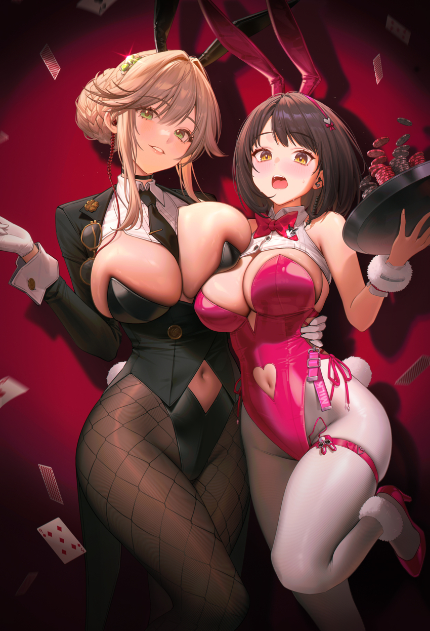 2girls, 95_(jiuwujiang), ade_(agent_bunny)_(nikke), ade_(nikke), animal_ear_hairband, animal_ears, black_choker, black_coat