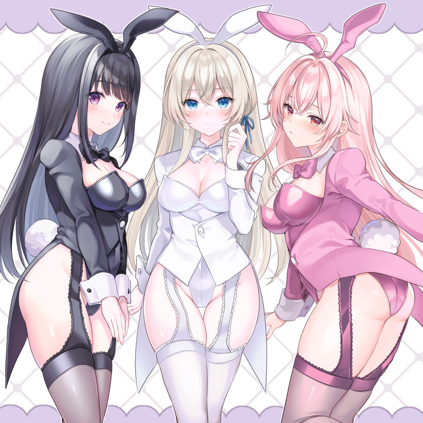 3girls, absurdres, animal_ear_hairband, animal_ears, ass, black_bow, black_bowtie, black_hair, black_hairband, black_jacket, black_leotard, black_thighhighs, blonde_hair, blue_eyes, blue_ribbon, bow, bowtie, breasts, cleavage, closed_mouth, commentary_request, commission, cosplay, crossed_bangs, curvy, detached_collar, fake_animal_ears, fake_tail, framed_breasts, hair_ribbon, hairband, hand_up, highleg, highleg_leotard, highres, izayoi_arisa, izayoi_arisa_(cosplay), jacket, lace_garter_straps, large_breasts, leotard, light_blush, long_hair, looking_at_viewer, multiple_girls, original, parted_lips, pink_bow, pink_bowtie, pink_hair, pink_hairband, pink_jacket, pink_leotard, pink_thighhighs, pixiv_commission, playboy_bunny, purple_eyes, rabbit_ear_hairband, rabbit_ears, rabbit_tail, red_eyes, ribbon, smile, sono_bisque_doll_wa_koi_wo_suru, strapless, strapless_leotard, tail, tailcoat_playboy_bunny, thighhighs, thighs, torimarururu, traditional_bowtie, white_bow, white_bowtie, white_hairband, white_jacket, white_leotard, white_thighhighs, white_wrist_cuffs, wrist_cuffs
