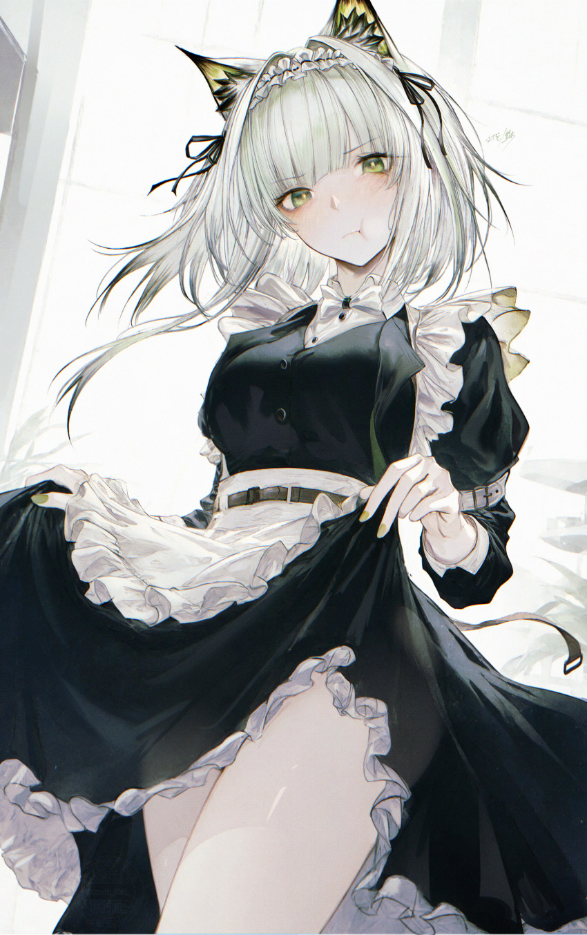 1girl, absurdres, animal_ears, apron, arknights, arm_belt, belt, black_ribbon