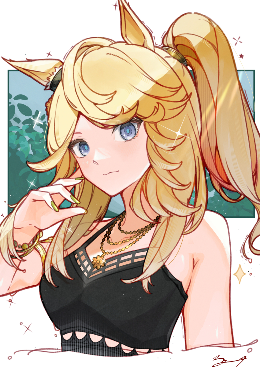 1girl, animal_ears, armlet, bare_shoulders, bikini, black_bikini, blonde_hair, blue_eyes