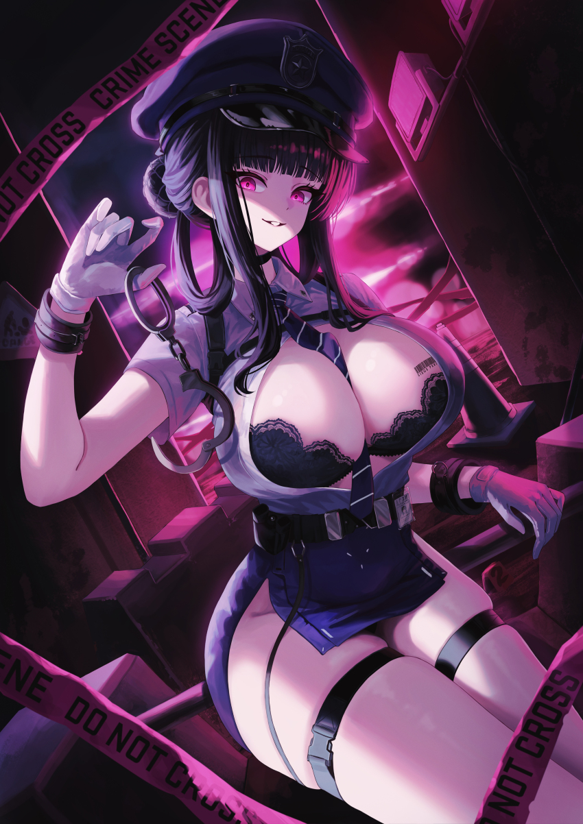 1girl, absurdres, alley, backlighting, barcode, barcode_tattoo, belt, belt_pouch