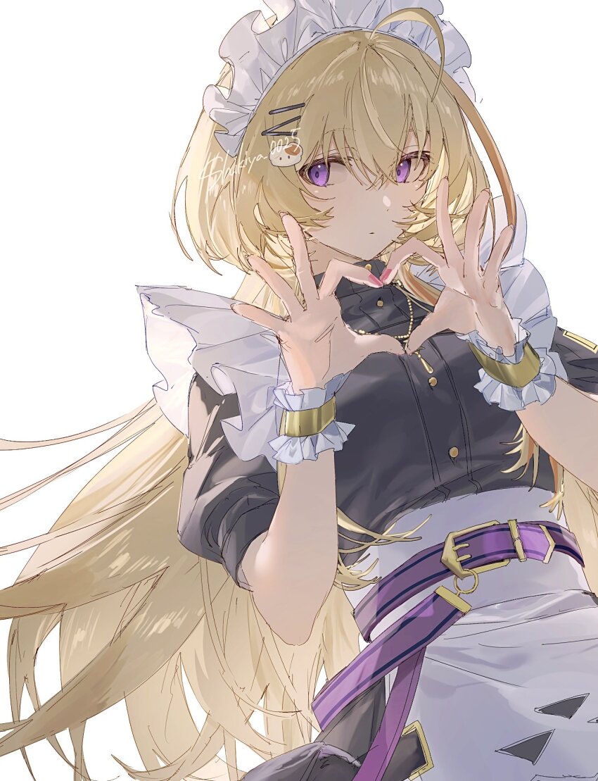 1girl, apron, bear_hair_ornament, belt, black_shirt, blonde_hair, closed_mouth, dress