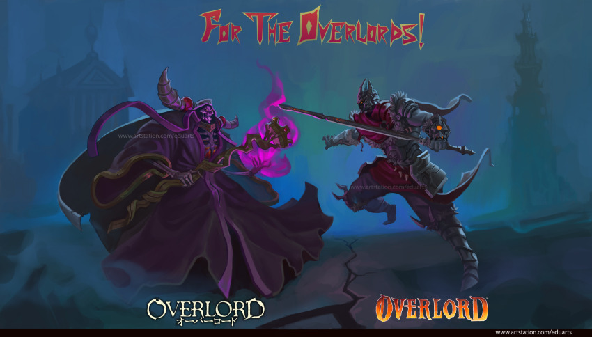 2boys, absurdres, ainz_ooal_gown, armor, copyright_logo, eduardo_silva_(artist), english_text, fighting