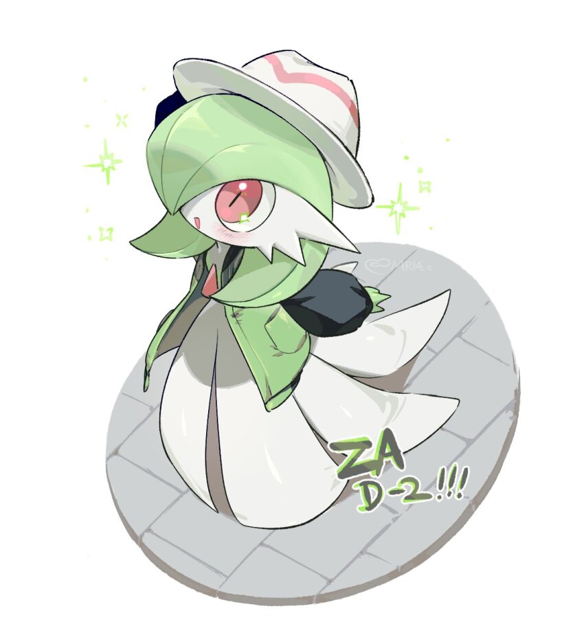 1girl, artist_name, black_sleeves, blush, bob_cut, clothed_pokemon, colored_skin, copyright_name