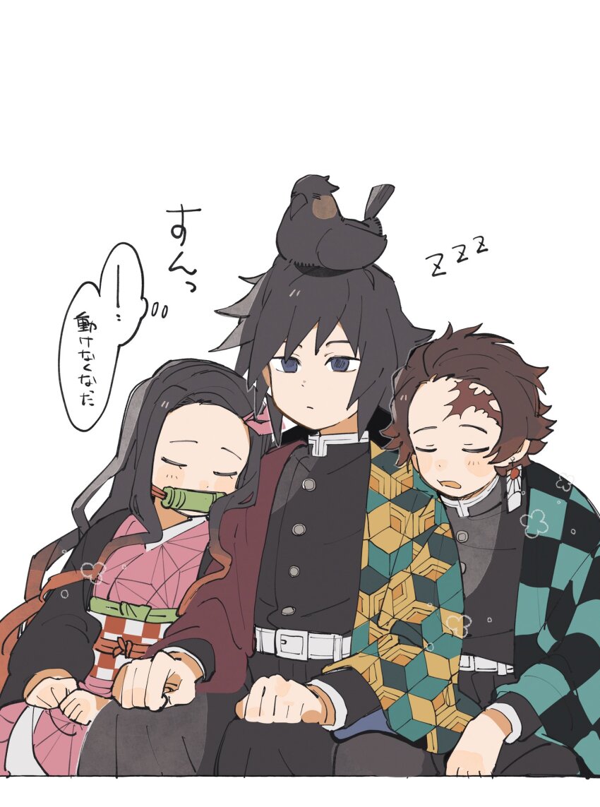 1girl, 2boys, bird, black_hair, black_jacket, buttons, closed_mouth, crow