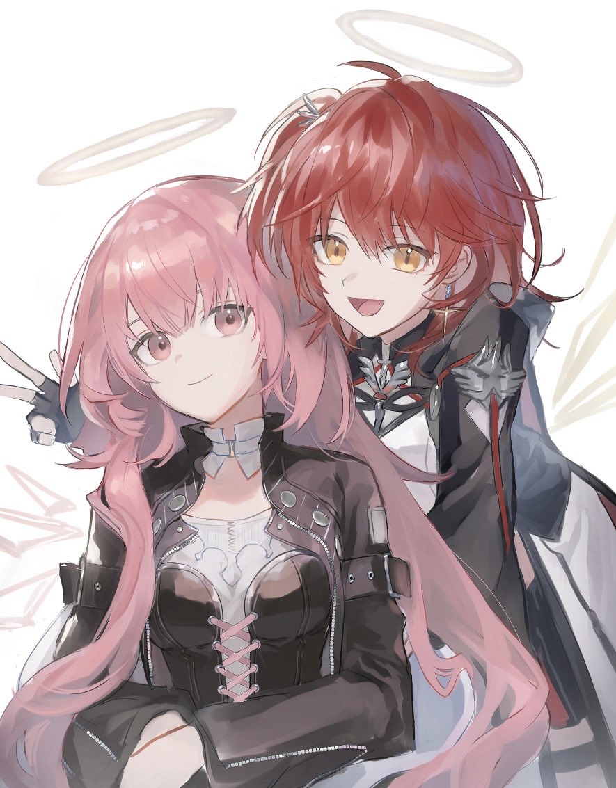 2girls, :d, arknights, black_gloves, black_jacket, closed_mouth, cross-laced_clothes, detached_wings