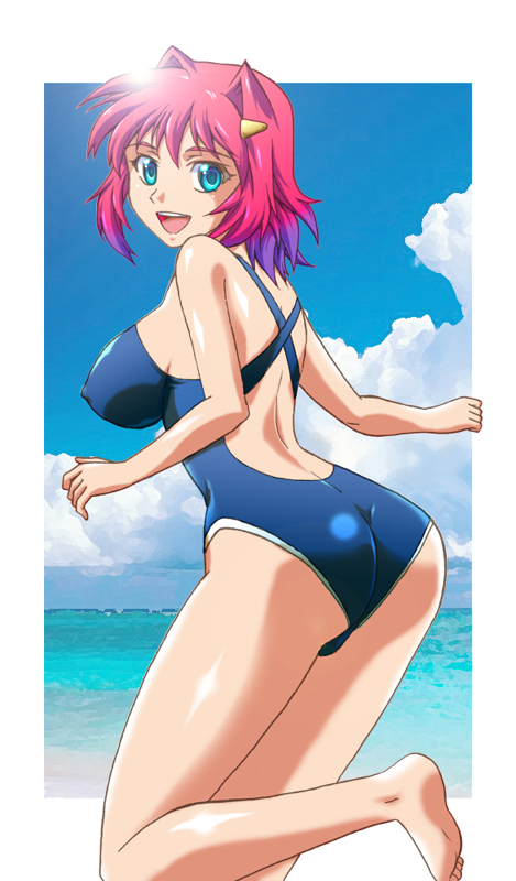 1girl, ass, beach, blue_eyes, breasts, cloud, competition_swimsuit, covered_erect_nipples, day, female_focus, hibino_aki, large_breasts, legs, long_legs, looking_back, multicolored_hair, ocean, one-piece_swimsuit, open_mouth, original, outdoors, purple_hair, short_hair, sky, solo, swimsuit, thighs, two-tone_hair, yonecchi