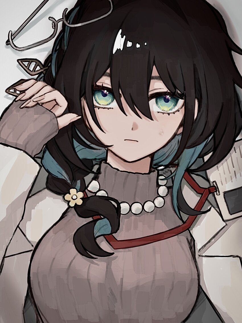 1girl, absurdres, achi2_inu, aqua_eyes, aqua_streaks, bead_necklace, beads, black_hair