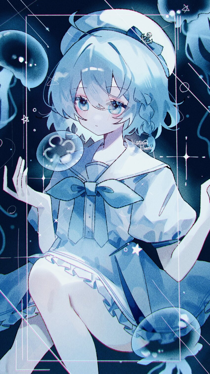 1girl, blue_bow, blue_bowtie, blue_eyes, blue_hair, blue_skirt, blue_theme, blush