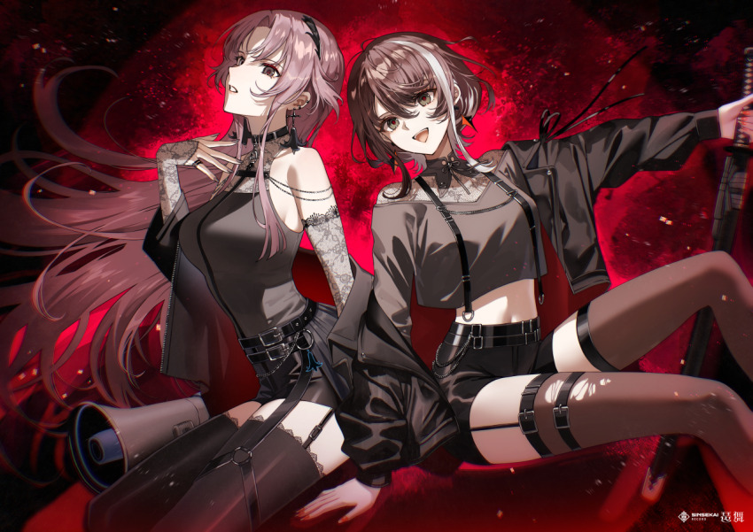 2girls, asu_(sinsekai), bema_(sinsekai), black_jacket, black_shorts, black_thighhighs, brown_hair, brown_shirt