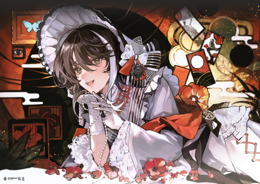 1girl, asu_(sinsekai), black_hair, blush, bonnet, bow, brown_eyes, bug