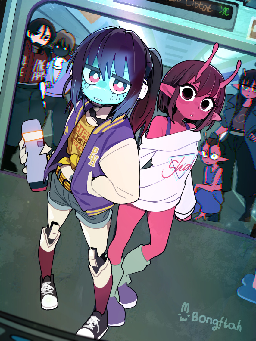 3boys, 3girls, absurdres, aqua_skin, artist_name, black_hair, black_shoes, blue_pants, bongftah, character_request, colored_skin, denim, denim_shorts, highres, kujo_chiharu, kurt_cramer, kurusu_makina_(milky_galactic_universe), long_hair, looking_at_viewer, max_mccalister, milky_subway, multiple_boys, multiple_girls, pants, parted_lips, pink_skin, shoes, short_hair, shorts, teeth