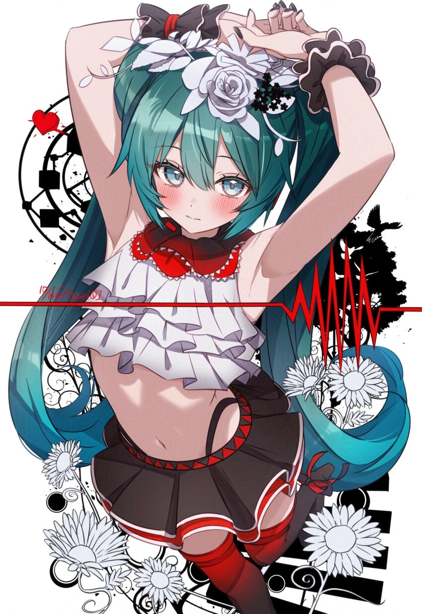 1girl, aqua_eyes, aqua_hair, armpits, arms_up, black_skirt, blush, closed_mouth