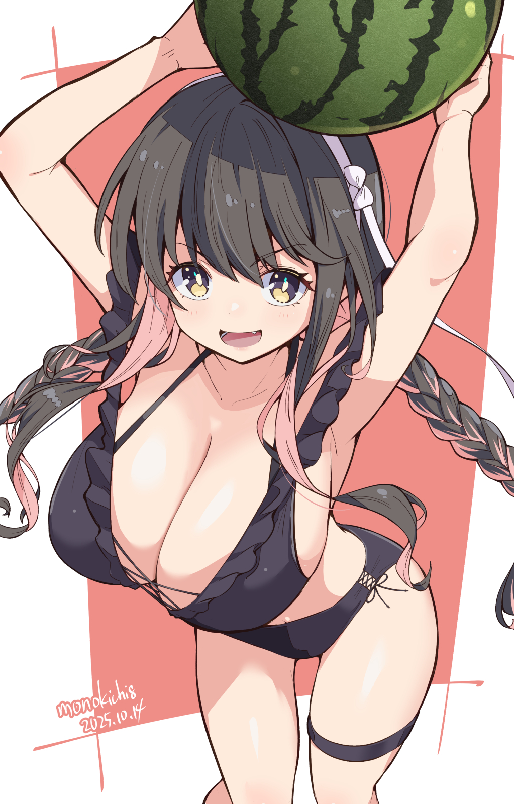 1girl, arms_up, artist_name, bikini, black_bikini, black_hair, braid, breasts