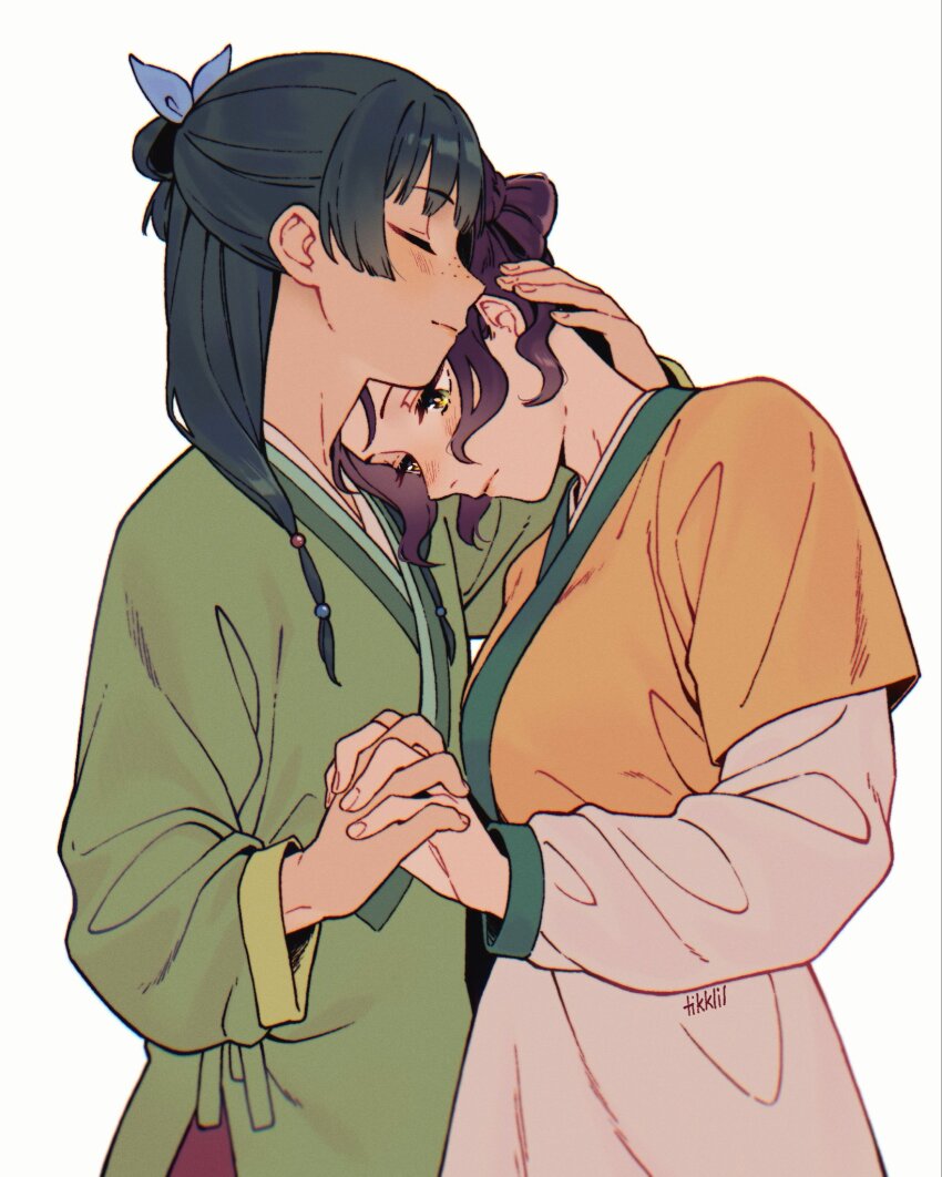 2girls, black_hair, blush, closed_eyes, closed_mouth, commentary, english_commentary, freckles