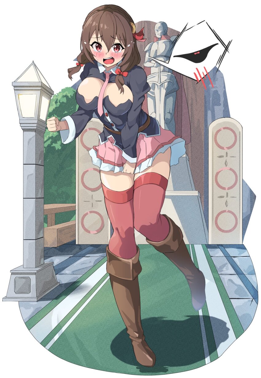 1girl, blush, boots, border, bow, braid, breasts, brown_boots, commentary_request, crown_braid, furrowed_brow, green_carpet, highres, kono_subarashii_sekai_ni_shukufuku_wo!, lamppost, large_breasts, long_sleeves, looking_at_viewer, necktie, onabe915, open_mouth, panties, red_bow, red_eyes, skirt, solo, speech_bubble, spoken_blush, statue, sword, thighhighs, twintails, underwear, weapon, white_border, yunyun_(konosuba), zettai_ryouiki