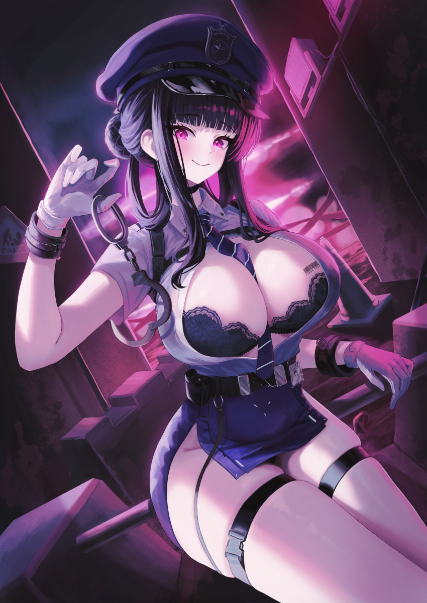 1girl, absurdres, alley, backlighting, barcode, barcode_tattoo, belt, belt_pouch, between_breasts, black_belt, black_bra, black_hair, blue_necktie, blue_skirt, blunt_bangs, bra, bra_peek, breasts, buckle, center_opening, chest_harness, cleavage, closed_mouth, collared_shirt, commentary, cuffs, d_(killer_wife)_(secret_police)_(nikke), d_(nikke), diagonal-striped_clothes, diagonal-striped_necktie, dutch_angle, english_commentary, gloves, goddess_of_victory:_nikke, groin, hair_bun, hand_up, handcuffs, harness, hat, highres, holding, holding_handcuffs, id_card, lace, lace-trimmed_bra, lace_trim, large_breasts, long_hair, looking_at_viewer, necktie, necktie_between_breasts, official_alternate_costume, pink_eyes, police, police_hat, police_uniform, pouch, purple_background, shirt, shirt_tucked_in, sidelocks, single_hair_bun, sitting, skirt, smile, snap-fit_buckle, solo, striped_clothes, sxrxri_a, tattoo, thigh_strap, thighs, traffic_cone, underwear, very_long_hair, white_gloves, white_shirt, wrist_belt