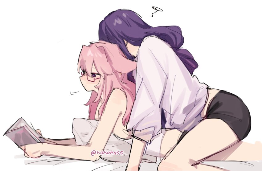 2girls, black_shorts, blush, book, closed_mouth, commentary, genshin_impact, glasses, hashtag-only_commentary, highres, holding, holding_book, long_hair, lying, multiple_girls, nonons, on_stomach, pink_hair, purple_eyes, purple_hair, purple_shirt, raiden_shogun, red-framed_eyewear, shirt, shorts, simple_background, sitting, sitting_on_person, smile, straddling, tank_top, twitter_username, white_background, white_tank_top, yae_miko, yuri