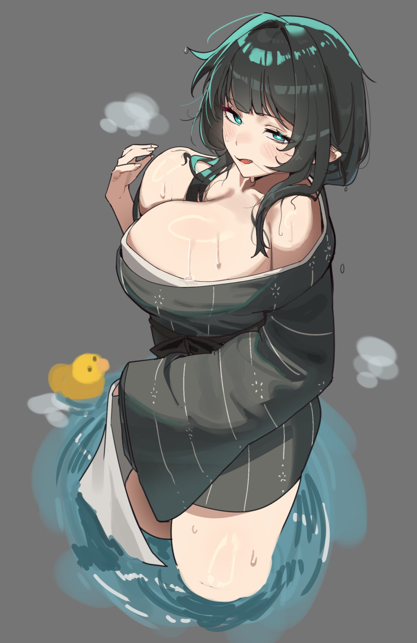 1girl, absurdres, aqua_eyes, bath_yukata, black_hair, black_kimono, breasts, curryman_(curryman06), fang, grey_background, highres, japanese_clothes, kimono, large_breasts, looking_at_viewer, mute_(trickcal), pointy_ears, rubber_duck, short_hair, simple_background, solo, steam, striped_clothes, striped_kimono, towel, trickcal, water, wet, yukata
