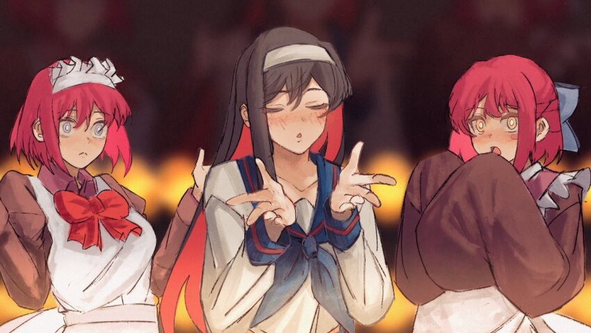 3girls, apron, black_hair, blowing_kiss, blue_bow, blue_eyes, blue_sailor_collar, blush