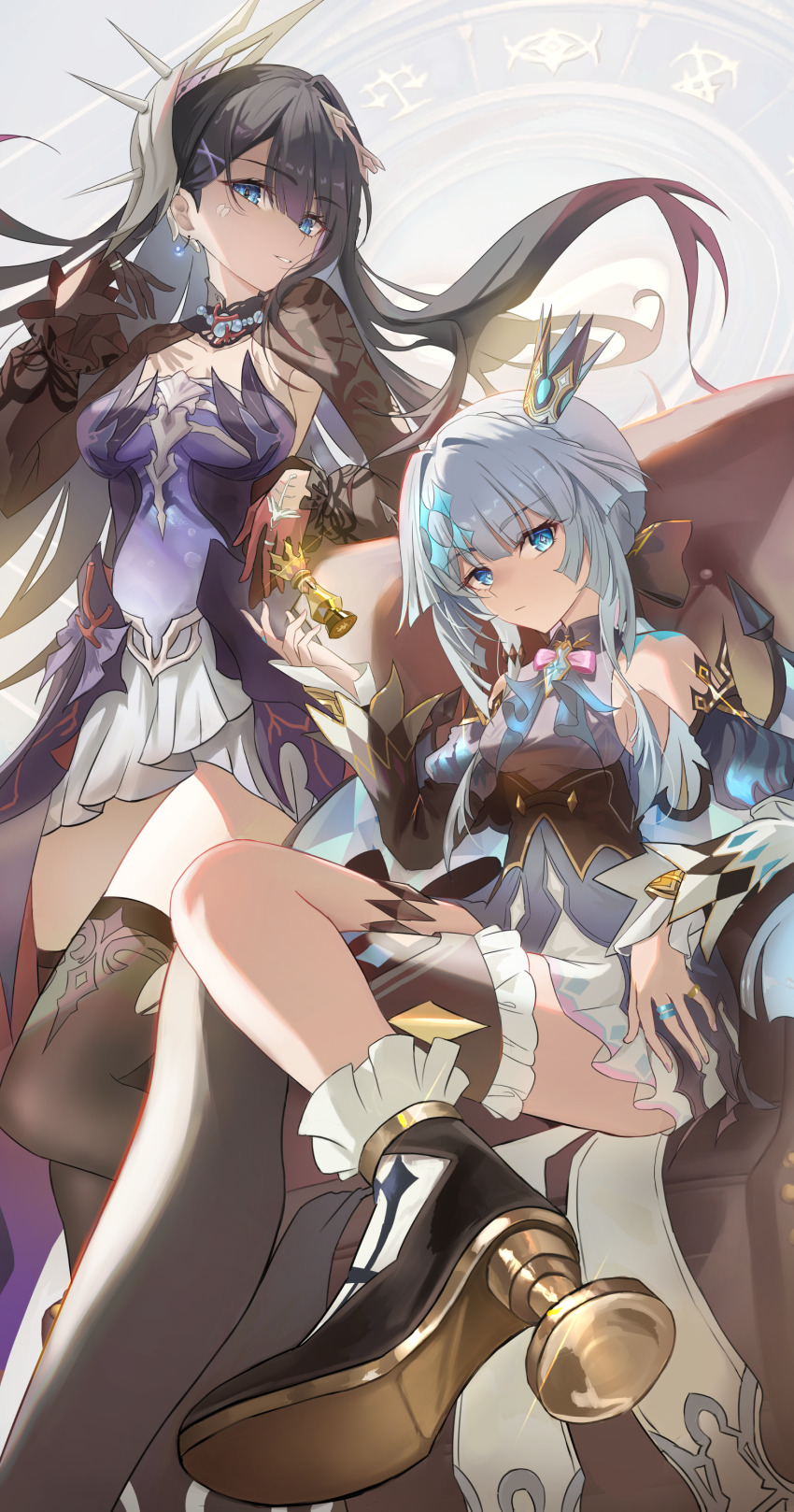 2girls, absurdres, asymmetrical_gloves, bare_shoulders, black_dress, black_gloves, black_hair, black_shrug