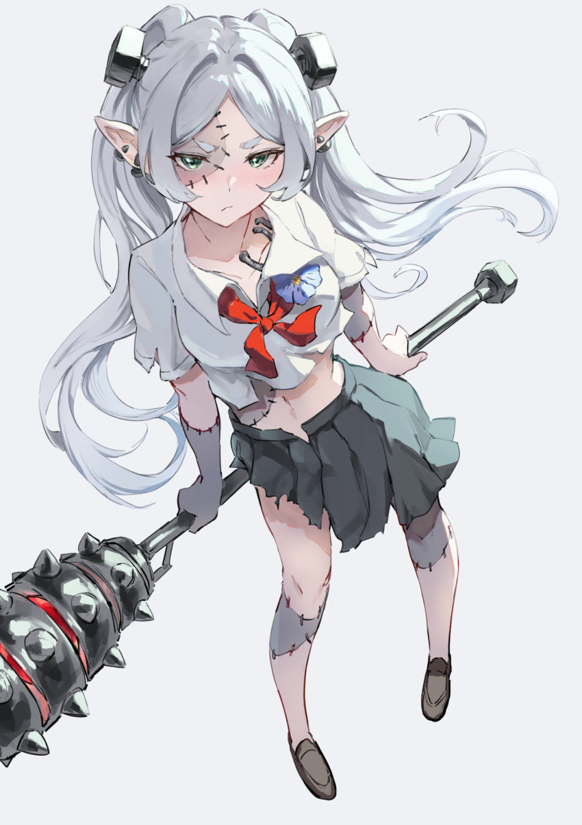 1girl, angry, breasts, cleavage, collarbone, collared_shirt, elf, floating_hair, frieren, from_above, halloween, halloween_costume, highres, holding, holding_mallet, holding_weapon, jojobirdz, long_hair, looking_at_viewer, mallet, medium_breasts, midriff, navel, pale_skin, pleated_skirt, pointy_ears, sewn_together, shirt, simple_background, skirt, solo, sousou_no_frieren, torn_clothes, twintails, weapon, white_background, white_hair