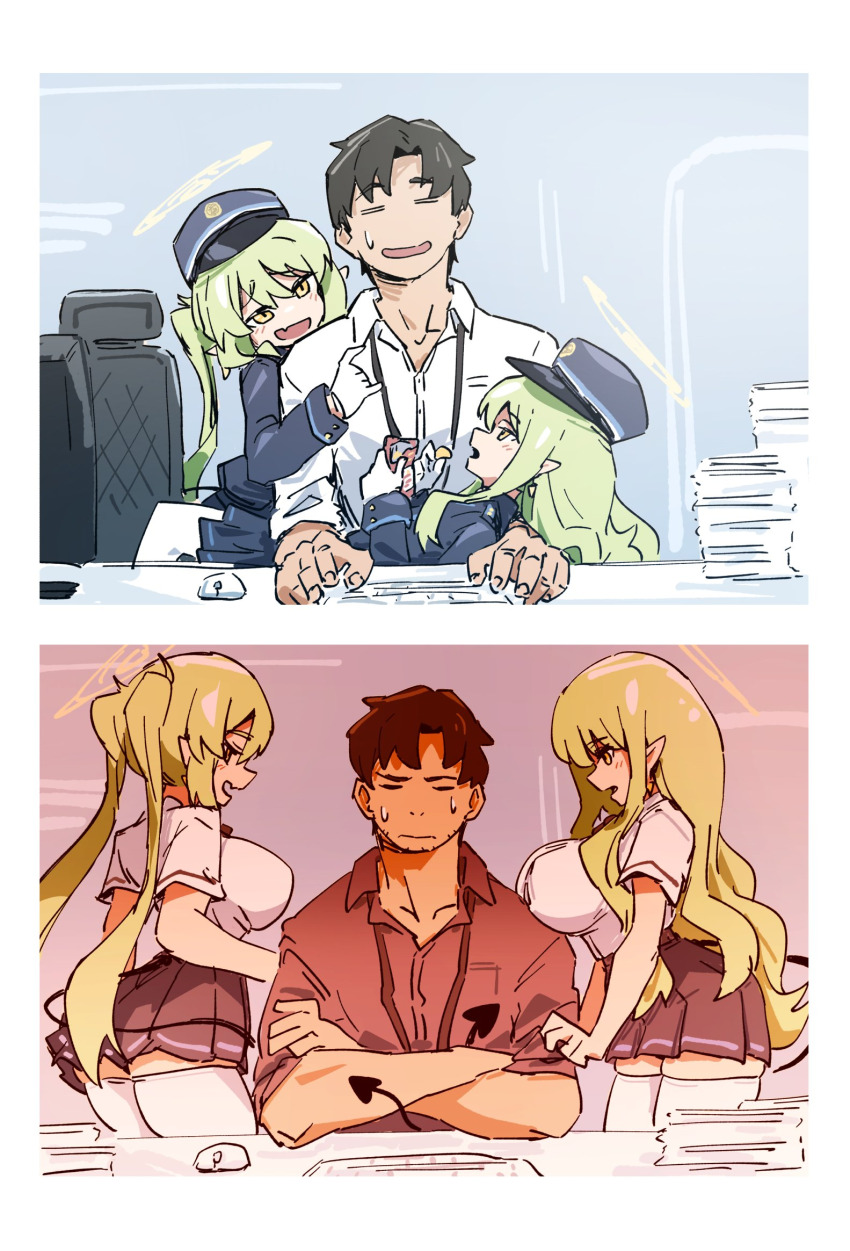 1boy, 2girls, 2koma, age_progression, aged_up, blue_archive, breasts, button_gap