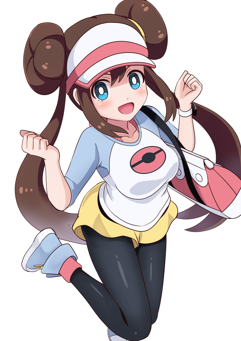 1girl, :d, bag, black_pantyhose, blue_eyes, blue_shoes, breasts, bright_pupils